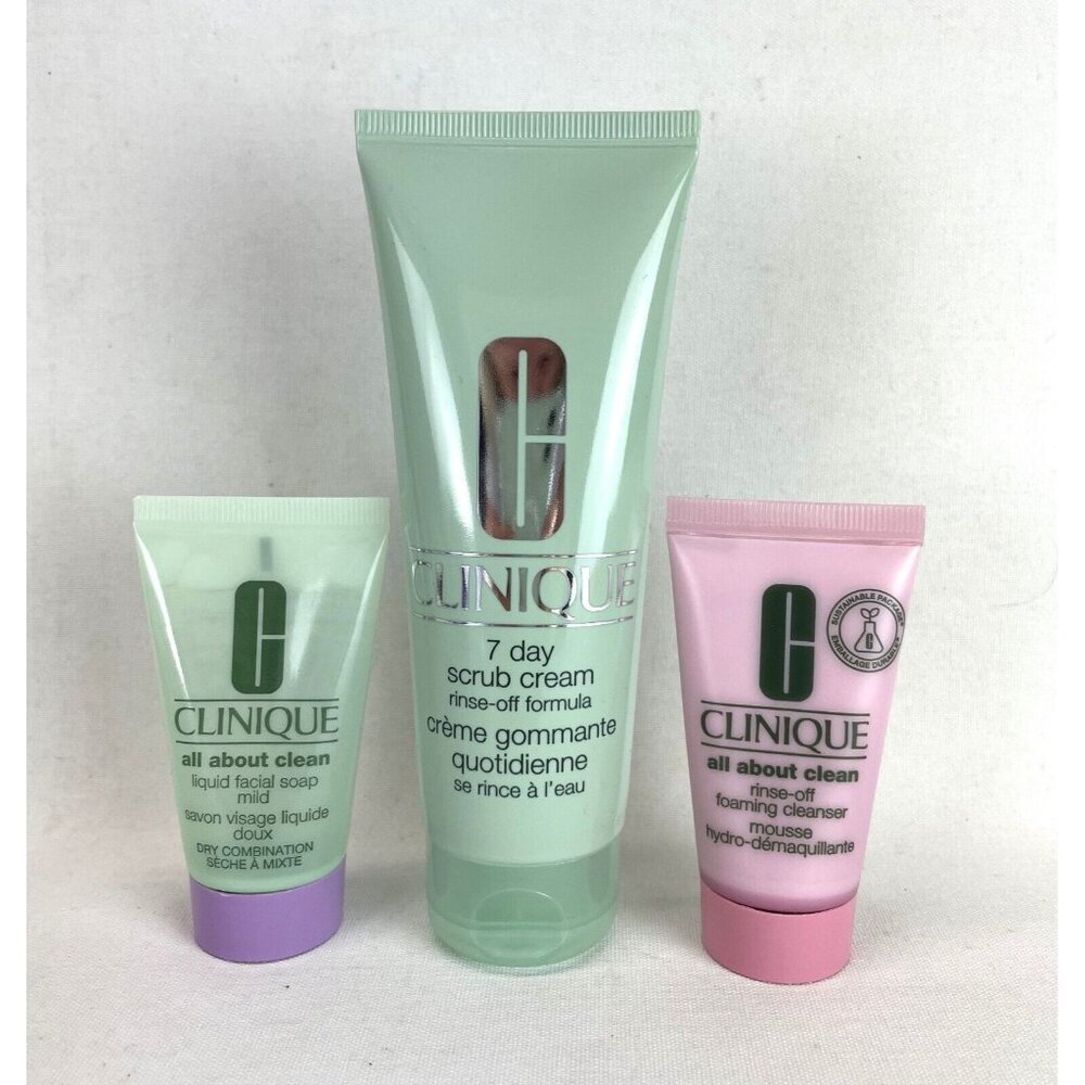 CLINIQUE 7 Day Scrub Cream Full Size 3.4 Fl Oz and 2 Travel Size All About Clean